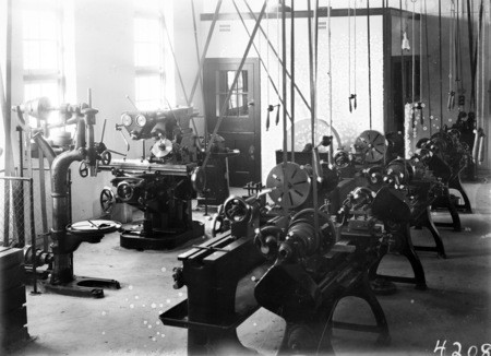 Machine shop with lathes, drills, milling machine, Telopea Parks Technical Trades School.