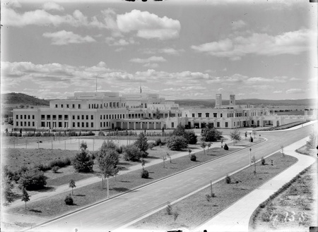 Parliament House from West Block, looking across the Senate Gardens and tennis courts