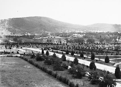 Albert Hall from Parliament House showing young trees and Black Mountain
