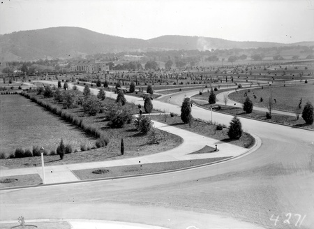 Albert Hall from Parliament House showing young trees and road system