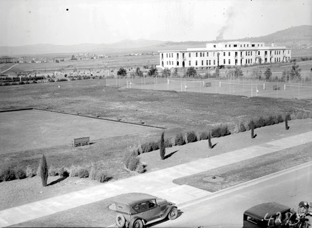 Parliamentary  Bowling green, Tennis courts and East block from Parliament House