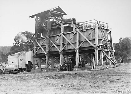 Quarry Stone crushing and screening plant, Steam engine in shed on left