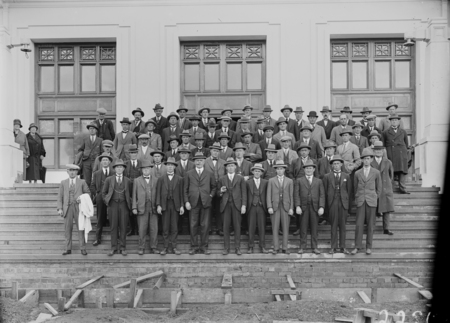 Tour by the Master Builders Association on the steps of Parliament House.