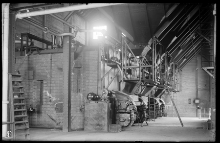 Kingston Power Station, interior of Boiler Room, Babcock and Wilcox water tube boilers, automatic chain grate stokers, coal chutes, automatic weighing machine.
