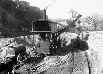 Keystone steam shovel with water waggon excavating sand in the bed of the Molonglo River