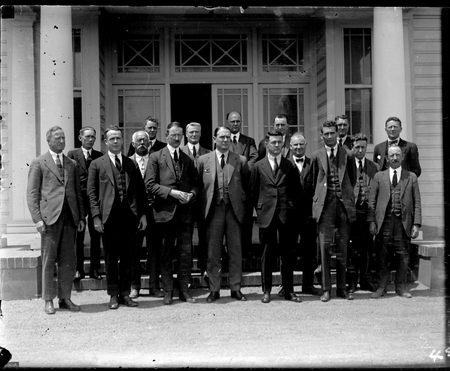 Federal Capital Commission staff outside Acton Offices. Includes Sir John Butters, Charles Studdy Daley and Clarence H Gorman.