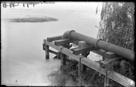 Engineering, Kingston Power Station. Water supply pipes for boiler feed water and cooling from a weir in Molonglo River. Also used as a swimming pool. Water discharged from the power house warmed (slightly) the water.