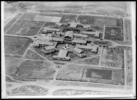 Hotel Canberra from the air. Northerly aspect. View of layout of gardens and Commonwealth Avenue on right.
