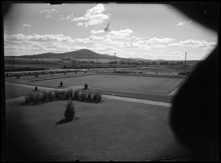 Hotel Canberra bowling green, looking towards Mount Ainslie.