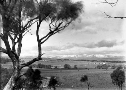 Distant view of Brindabella and Tidbinbilla mountains under snow. Farm house in the centre right is Corkhills Dairy