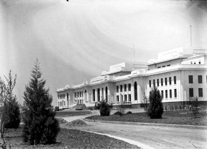 Parliament House on completion - North-west aspect, with Roman Cypress trees