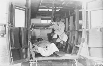 Ambulance van showing interior with model patient