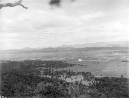 Panorama from Mount Ainslie looking south, overlooking Anzac Parade and St Johns Church.	