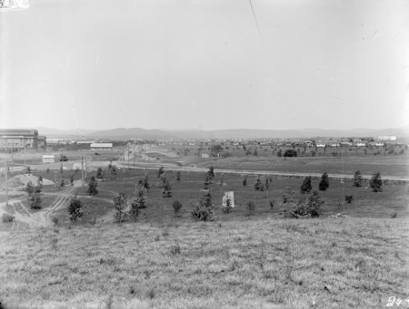 Kingston from site of Rattenbury Hill looking east, Kingston Power Station on left. Plantings on northern end of Telopea Park (was called Waratah Park).