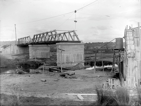 Commonwealth Avenue Bridge under construction showing trusses installed for the first two spans, looking south