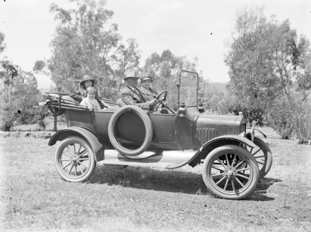 Cecil Moore in Ford Model T car with Mrs Percy Douglas and Mrs John Southwell.