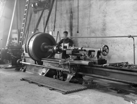 Kingston Power Station workshops. Engine lathe machining a crankshaft.