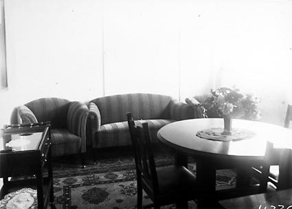 Lounge, traymobile, dining table and chairs in a sitting room