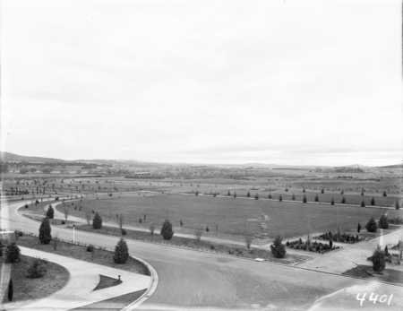 View from Parliament House roof, northwards. Commonwealth Avenue Avenue Bridge in centre.