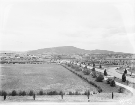 View from Parliament House Westwards. Canberra Hotel, Albert Hall, Black Mountain in background.