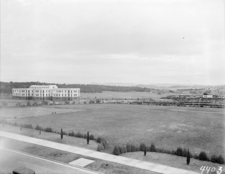 West Block from Parliament House, Hotel Canberra on right.