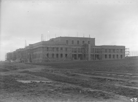 Parliament House under construction showing brickworks railway, from north west.