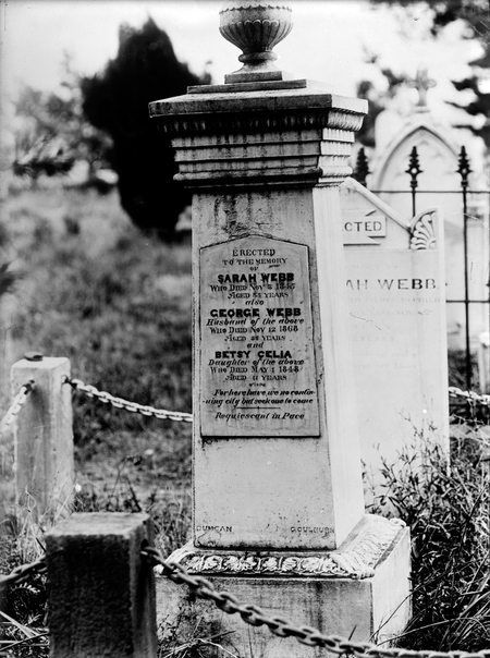The prophetic tombstone of Sarah, George and Betsy Webb. The inscription is prophetic 'For here we have no continuing city but seek one to come.'St John's Churchyard, Constitution Avenue, Reid.