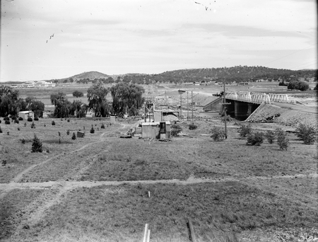 Commonwealth Avenue Bridge over the Molonglo River, from north showing sewerage tunneling works.