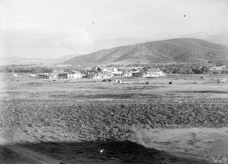 Hotel Canberra from the site of Parliament House, Black Mountain in the background.
