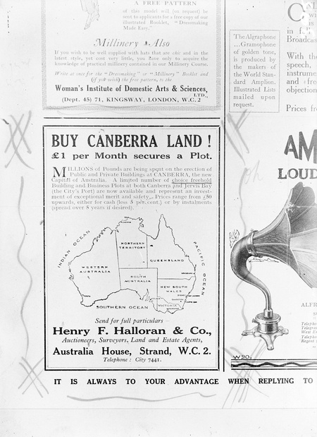 Copy of London magazine advertisement on sale of land in Canberra (Environia Scheme?).