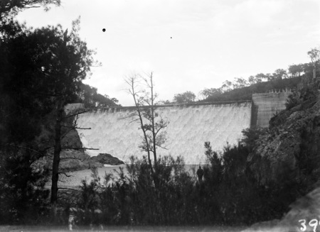 Cotter Dam wall and stilling pond from below spillway.