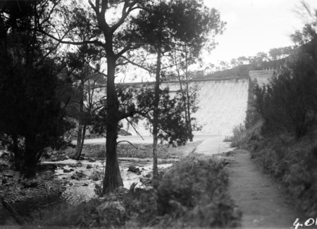 Cotter Dam wall and stilling pond from below the spillway.
