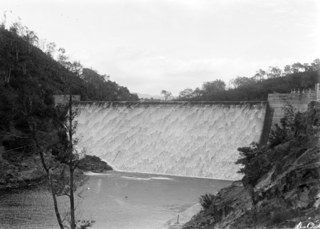 Cotter Dam wall and stilling pond from below the spillway.