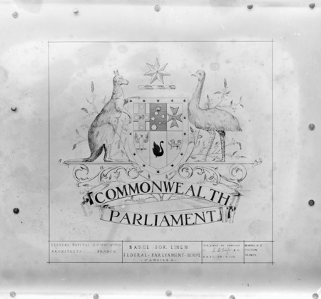 Photograph of drawing 'Badge for linen, Federal Parliament House'.