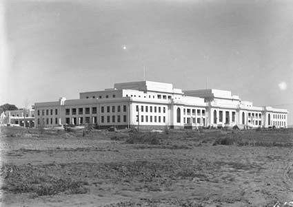 Parliament House front from north east before garden beds and roadworks