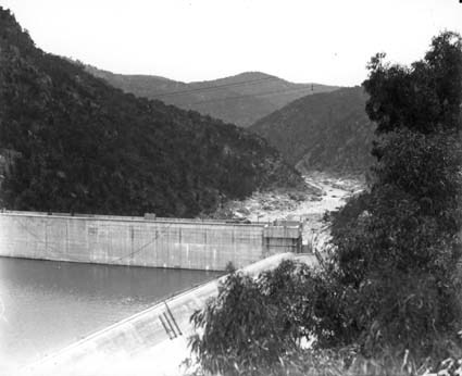 Burrinjuck Dam under construction - Downstream from dam wall
