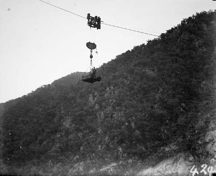 Burrinjuck Dam under construction - Using flying fox to cross valley