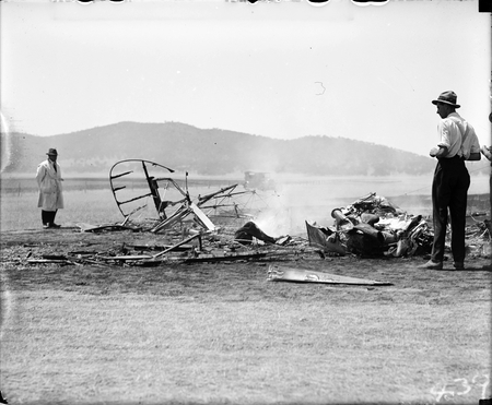 Aircraft crash - DH9 aircraft, serial A6-28, which crashed at the original Canberra Aerodome on 11 February 1926. The DH9 belonged to No 3 Squadron, Royal Australian Air Force. The Accident fatally injured Flying Officer Philip Mackenzie Pitt and photographer William Edward Callander.