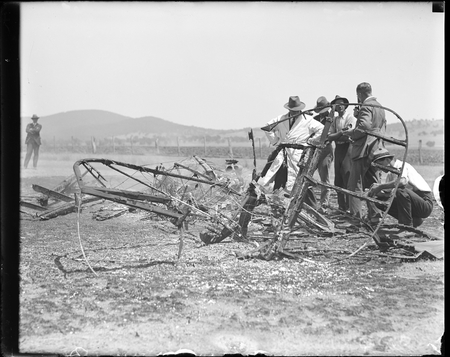 Aircraft crash - DH9 aircraft, serial A6-28, which crashed at the original Canberra Aerodome on 11 February 1926. The DH9 belonged to No 3 Squadron, Royal Australian Air Force. The Accident fatally injured Flying Officer Philip Mackenzie Pitt and photographer William Edward Callander.