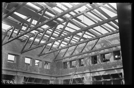 Parliament House under construction showing roof trusses.