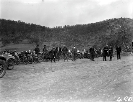 Motor cyclists at a Rally stop on the Cooma Road