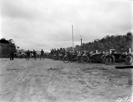 Motor cyclists at a Rally stop on the Cooma Road