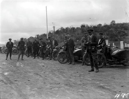 Motor cyclists at a Rally stop on the Cooma Road