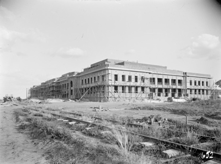 Parliament House side and front from north west. Brickworks railway in front.