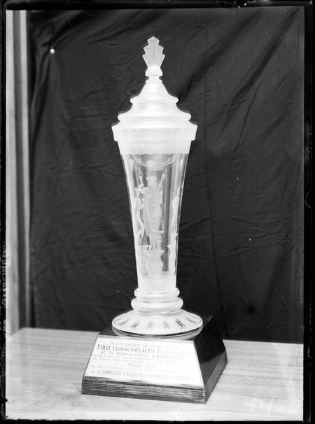 The glass cup presented to Parliament House by the Swedish Chamber of Commerce to commemorate the opening of the first Commonwealth Parliament in Canberra.