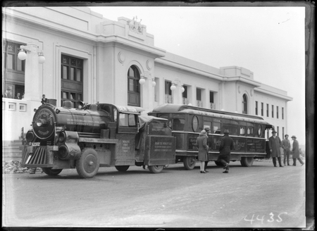 Metro Goldwyn Mayer Trackless Train outside Parliament House.