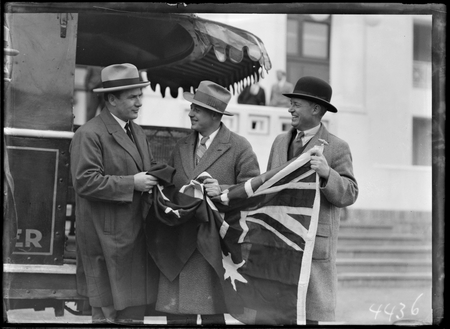 Sir John Butters with the promotors of the Metro Goldwyn Mayer Trackless Train outside Parliament House.