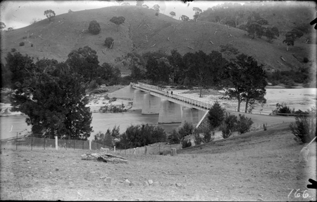 Murrumbidgee River Bridge after 1925 flood. Western approaches washed away, near the Cotter Pump House.