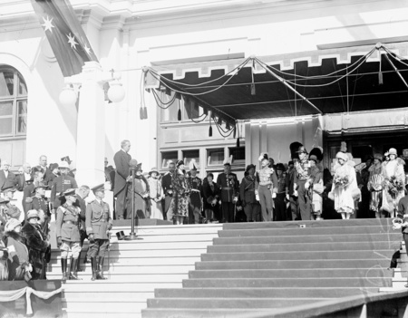 Royal Visit May 1927. Prime Minister Rt Hon S M Bruce welcoming the Duke and Duchess of York, on the steps of Parliament House.