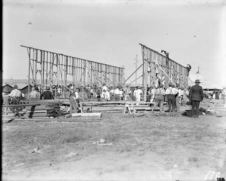 Causeway Hall under construction with voluntary labour.